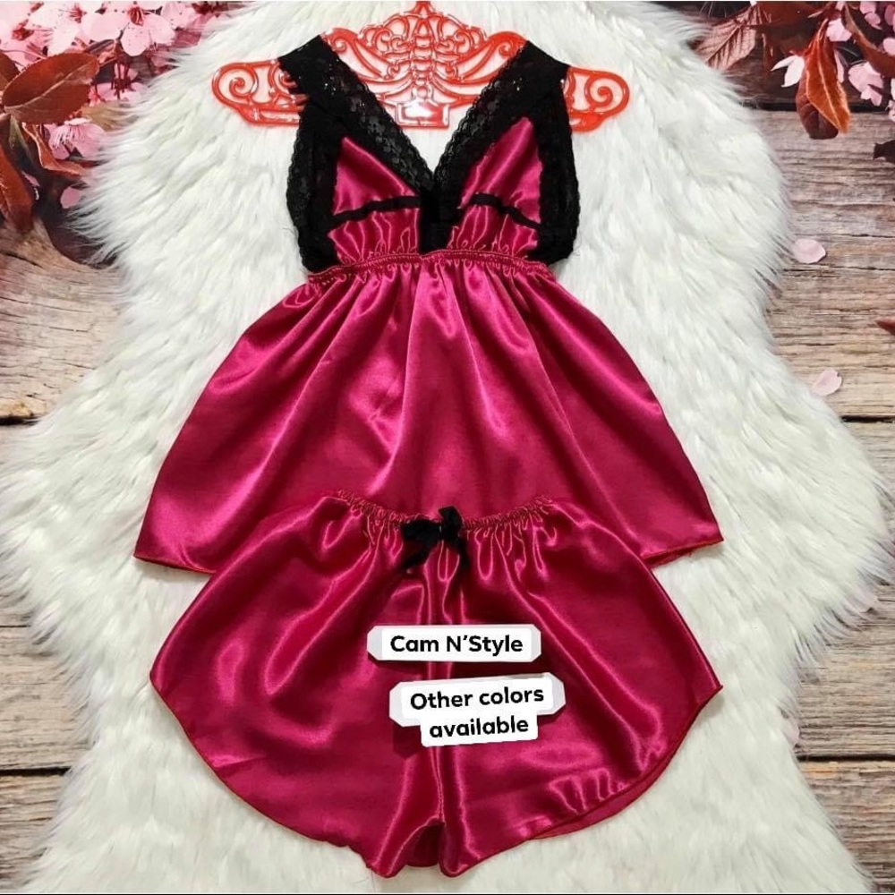 New Satin Silk-Like Lace PJs Set Assorted Color - Picture 2 of 8